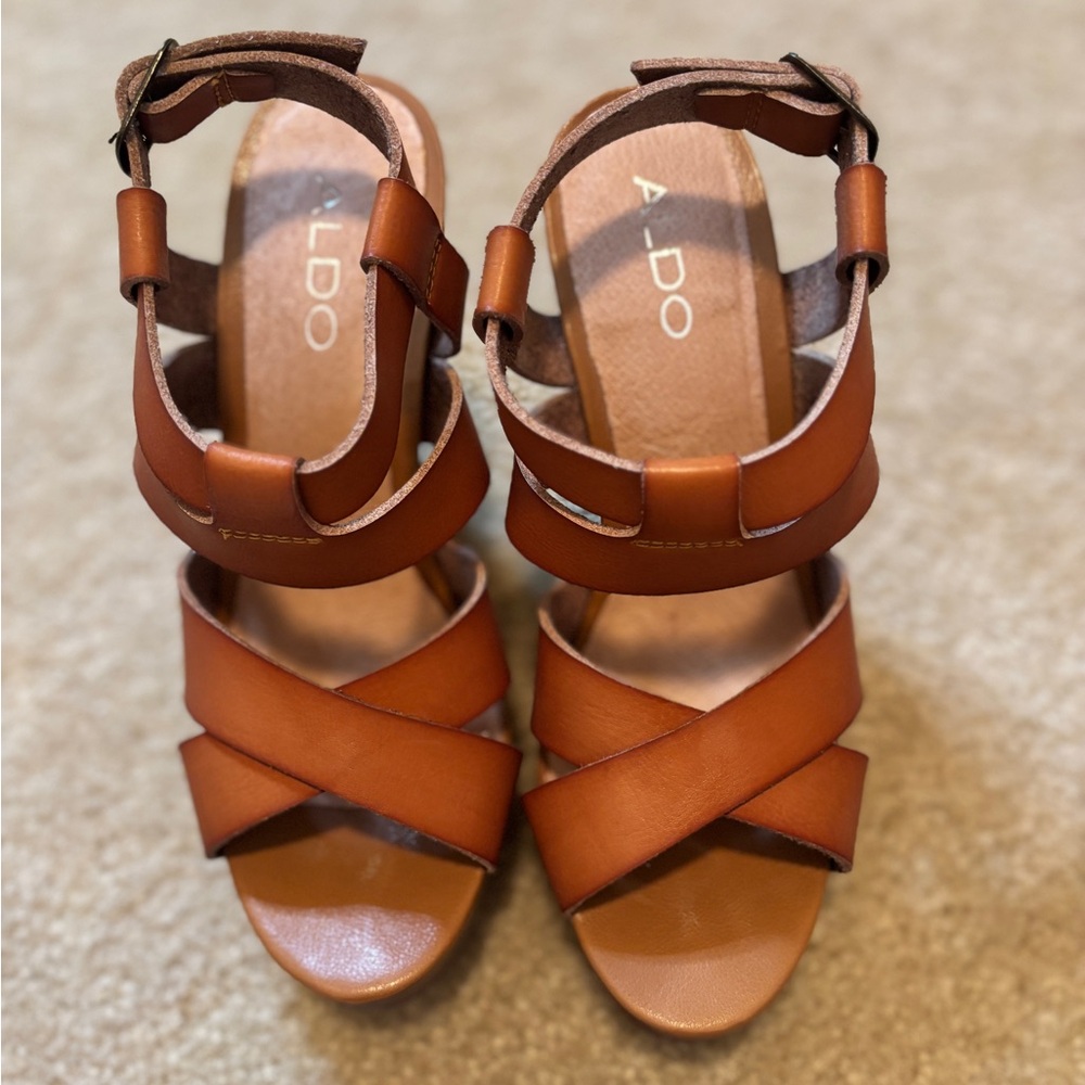 ALDO Light Brown Leather Crisscross Platform Wedge Sandals